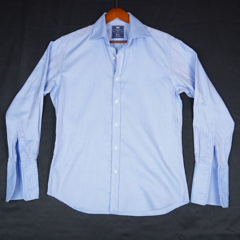 Hawes & Curtis Dress Shirt Mens 15 33 Blue Herringbone St. James Slim Fit Cotton